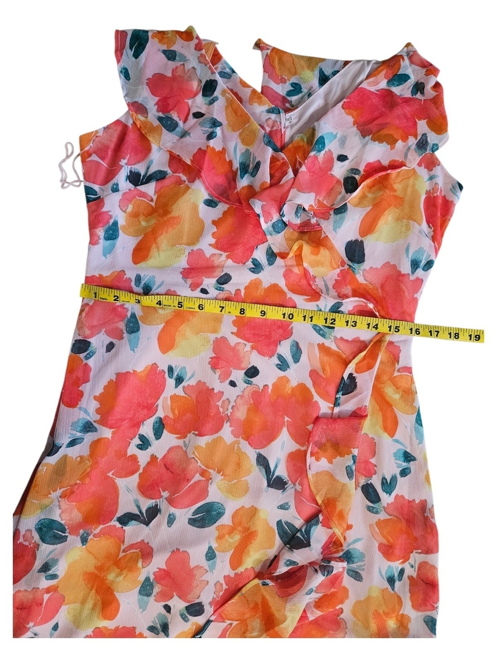 London Times Floral Ruffle Wrap High-Low Dress in Pink and Orange Size 12 Petite - Picture 7 of 8